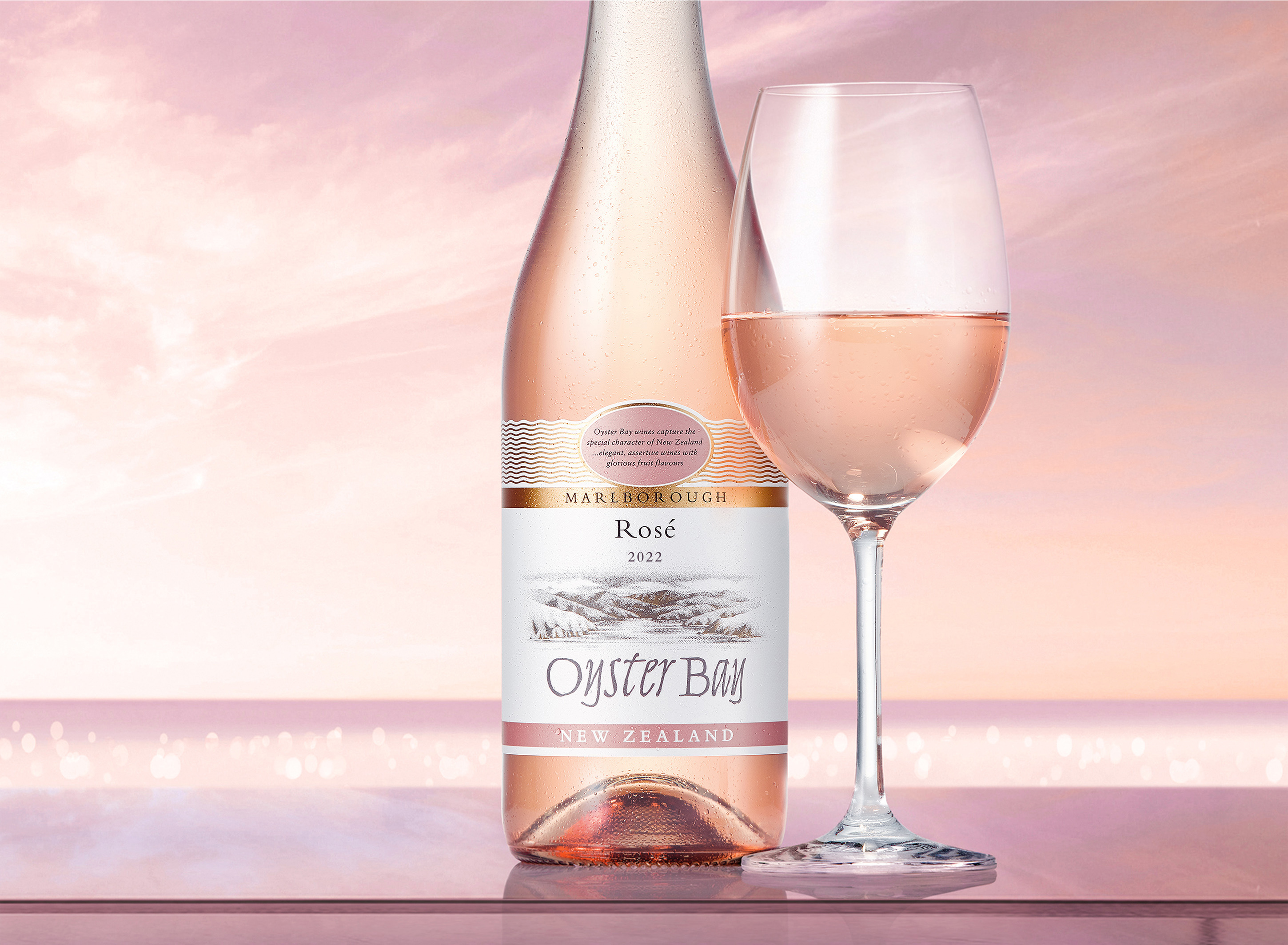 Oyster Bay Marlborough New Zealand Rosé Wine bottle and full glass