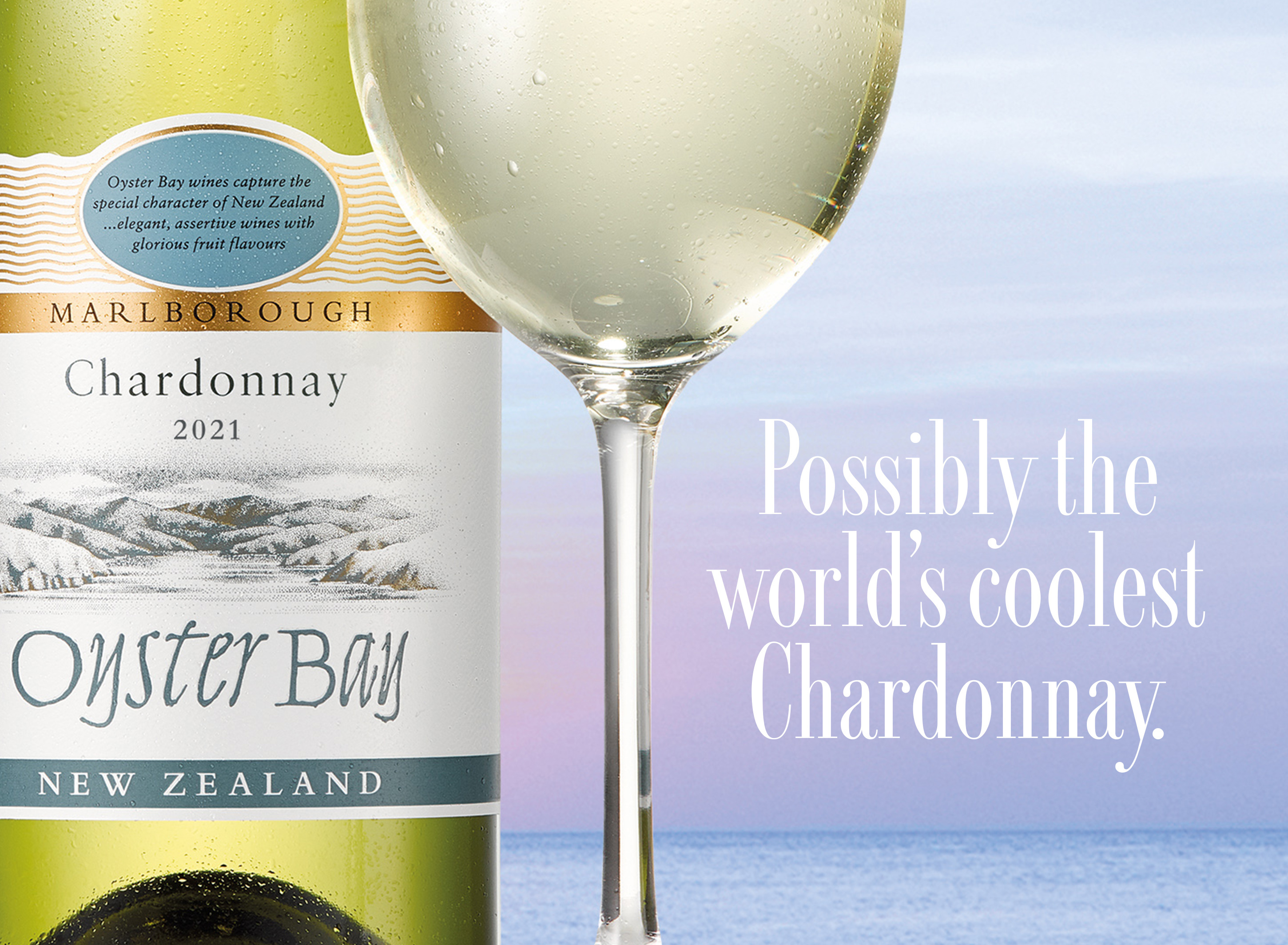 Oyster Bay Marlborough New Zealand Chardonnay Wine bottle and glass