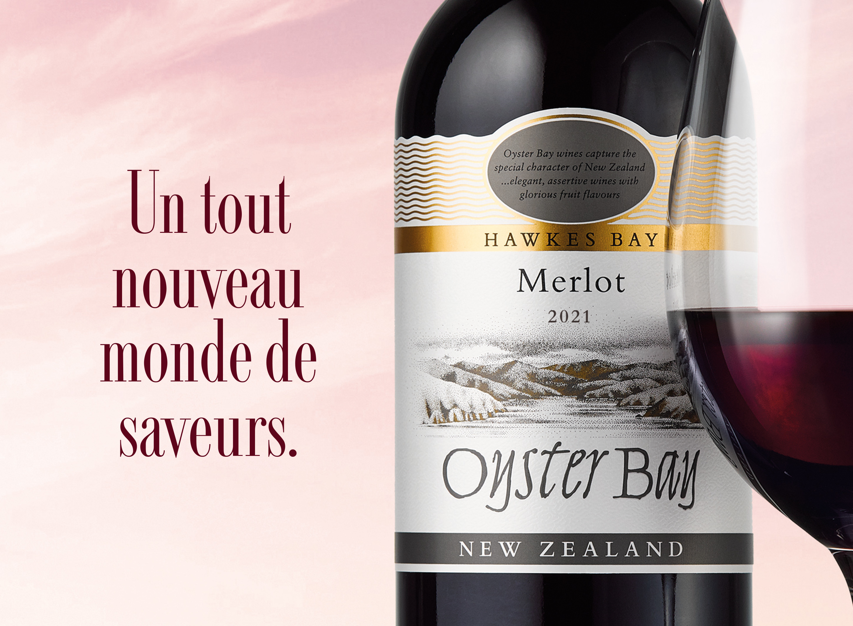 Oyster Bay Hawkes Bay New Zealand Merlot Wine bottle and glass French