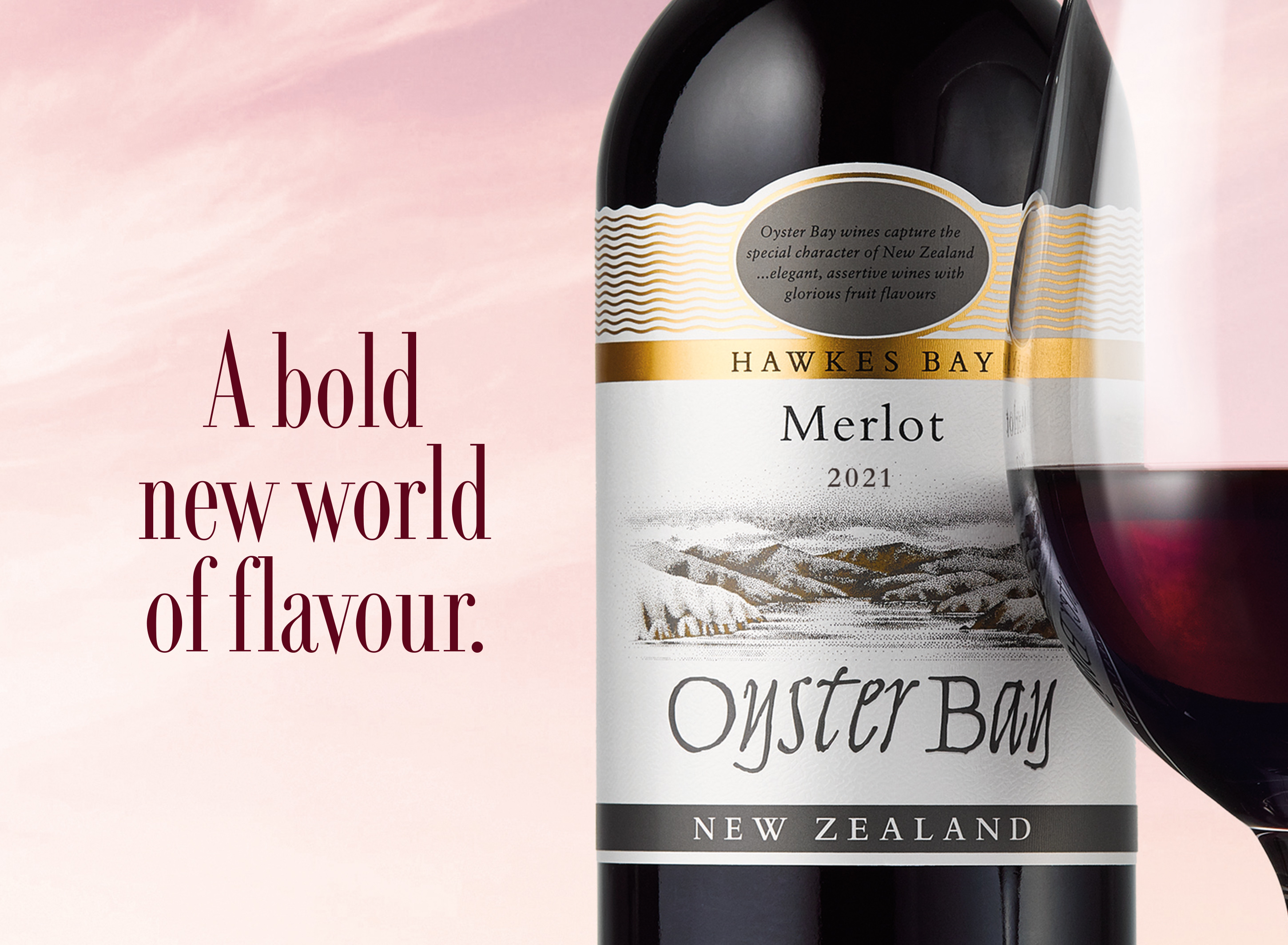 Oyster Bay Hawkes Bay New Zealand Merlot Wine bottle and glass