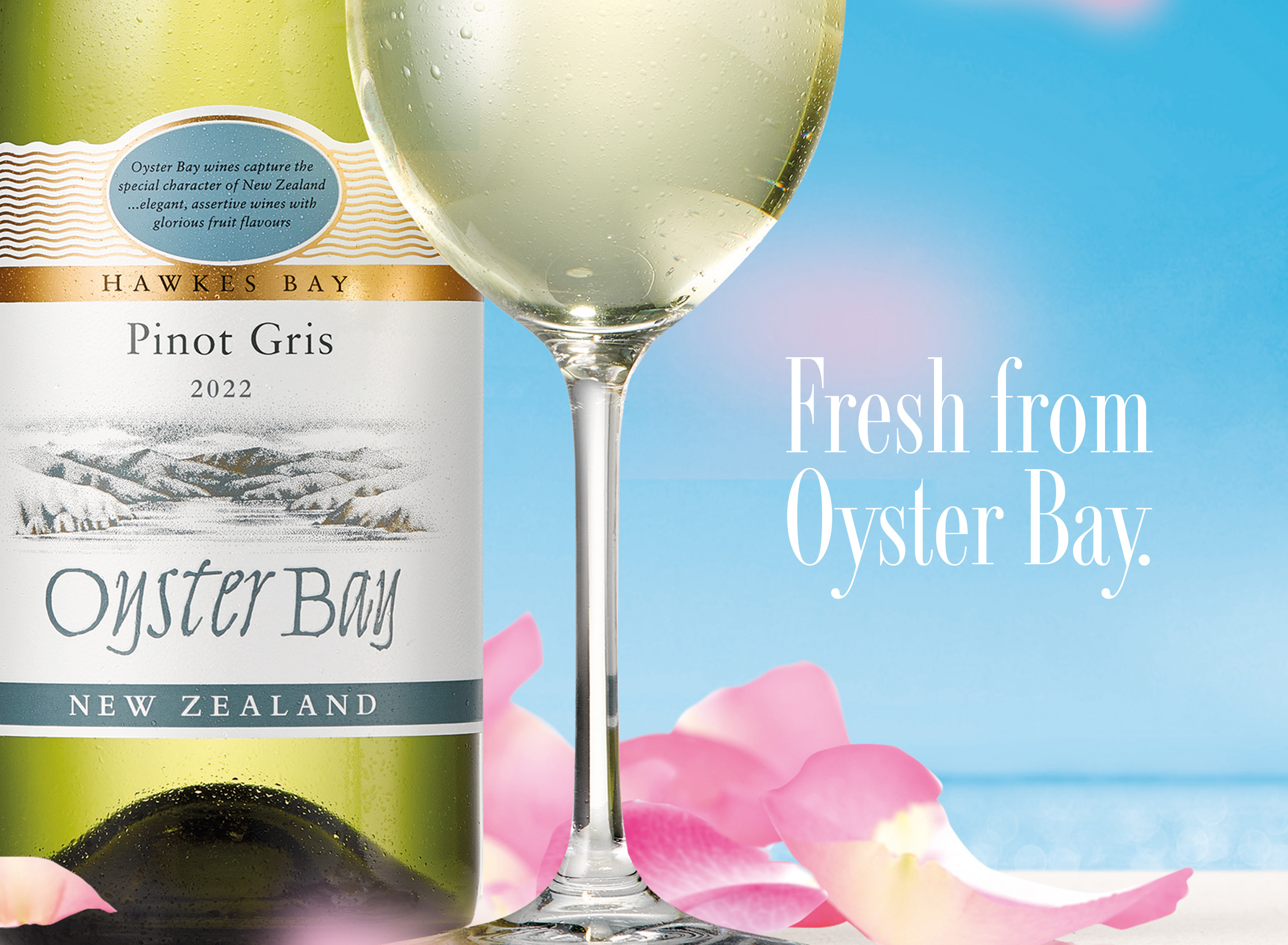 Oyster Bay Hawkes Bay New Zealand Pinot Gris Wine bottle and glass