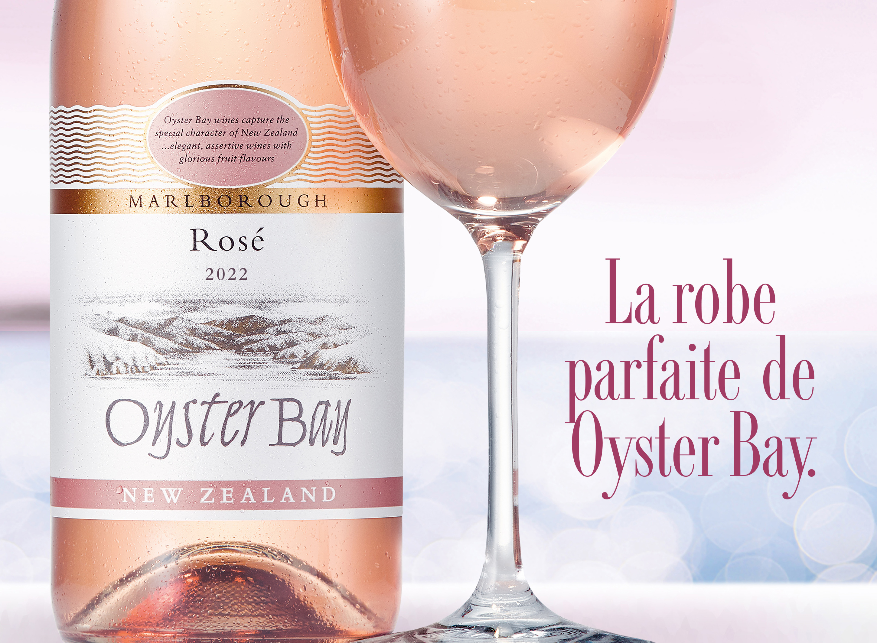 Oyster Bay Marlborough New Zealand Rosé Wine bottle and glass French