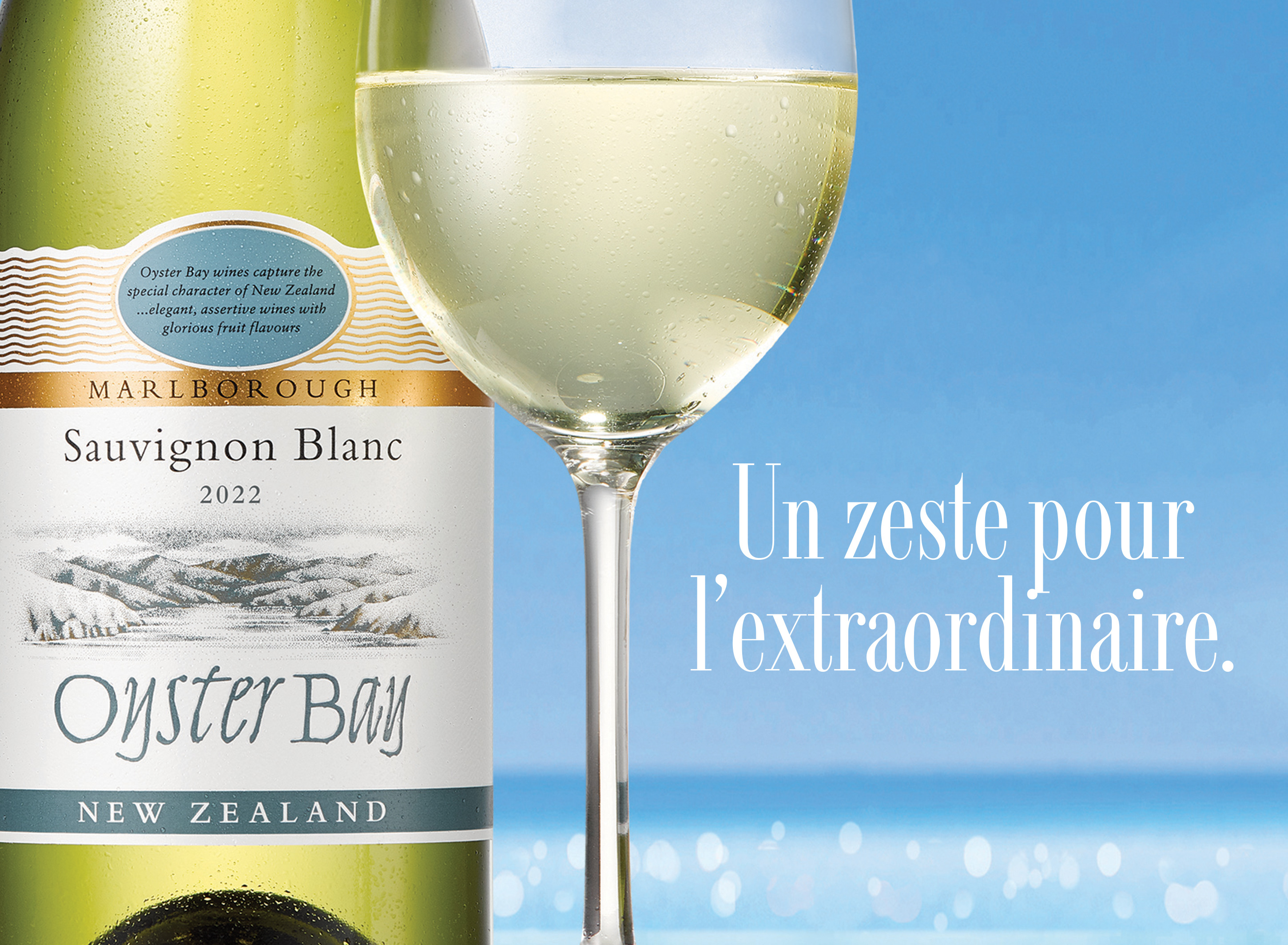 Oyster Bay Marlborough New Zealand Sauvignon Blanc Wine bottle and glass French